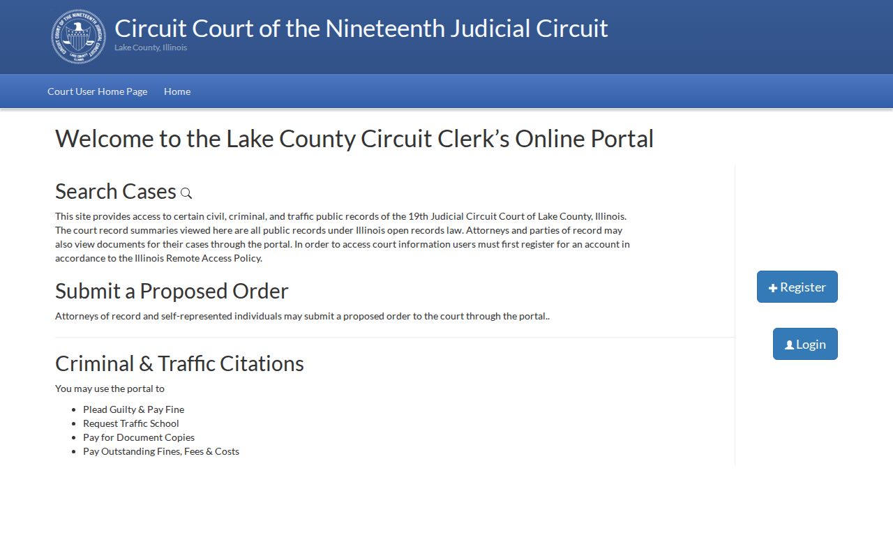 Lake County public court portal used for North Chicago record searches